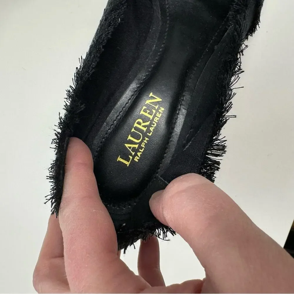Lauren Ralf Lauren Black Linen Fringe Espadrille Wedge Sandals Womens 8.5